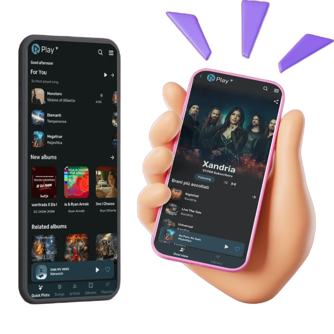 RiPlay music player shown on two Android phones — library view and now playing screen