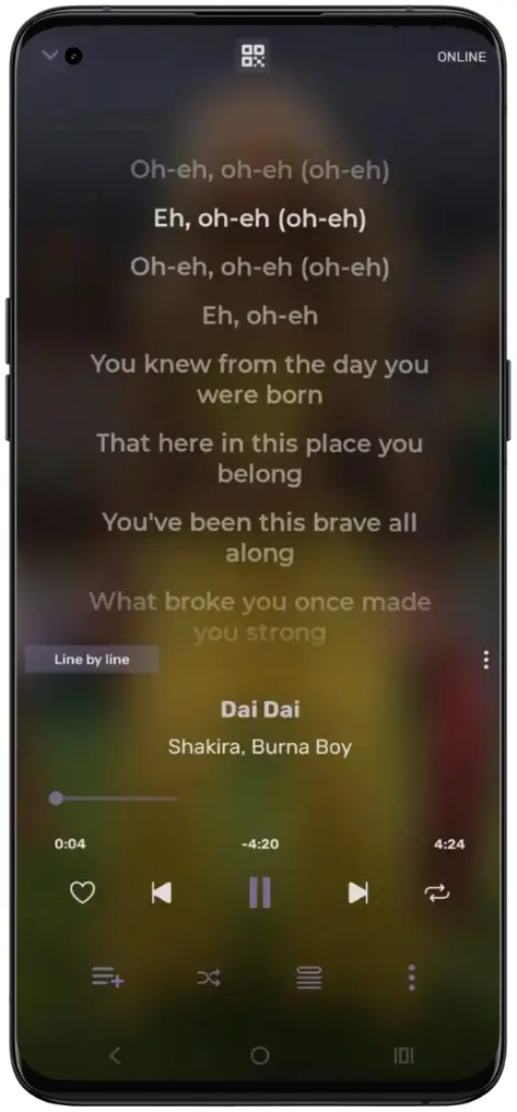RiPlay song playing screen with synced lyrics